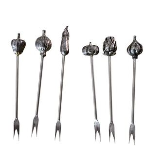 Mid-Century Modern Silver Hors D'oeuvres Forks Pepper Artichoke Onion Eggplant